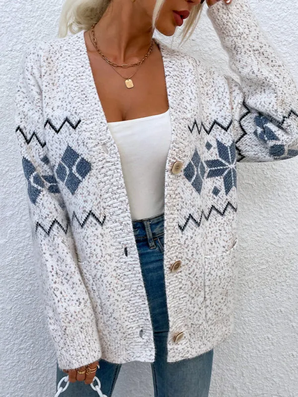 Women's Christmas Snowflake Knit Single Breasted Pocket Sweater