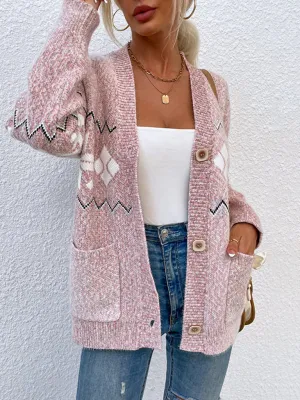 Women's Christmas Snowflake Knit Single Breasted Pocket Sweater
