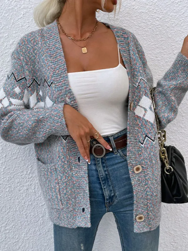 Women's Christmas Snowflake Knit Single Breasted Pocket Sweater