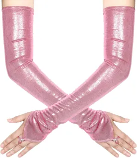 Women's Long Fingerless Metallic Gloves Shiny Long Elastic Metalic Satin Rave Costume Opera Party Gloves