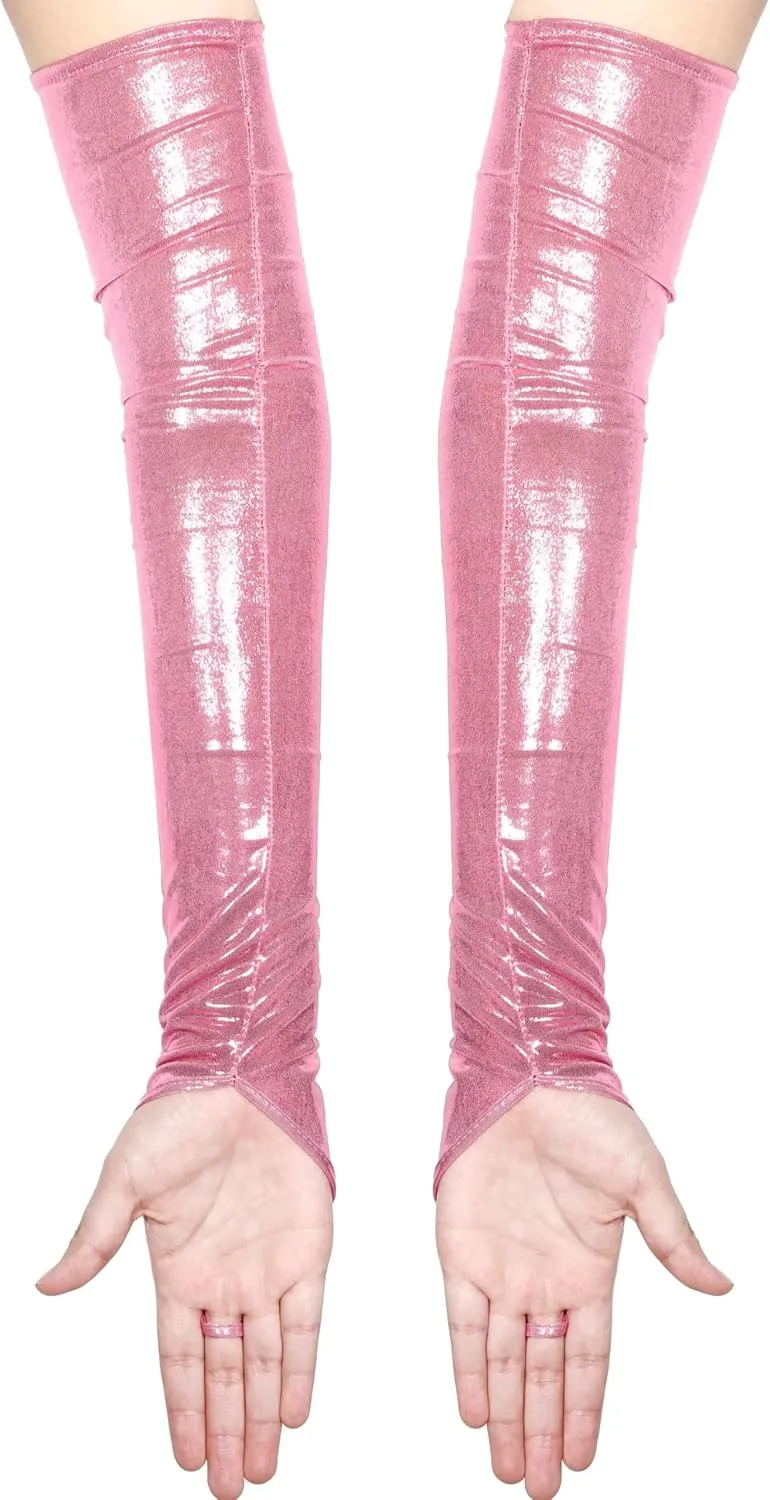 Women's Long Fingerless Metallic Gloves Shiny Long Elastic Metalic Satin Rave Costume Opera Party Gloves