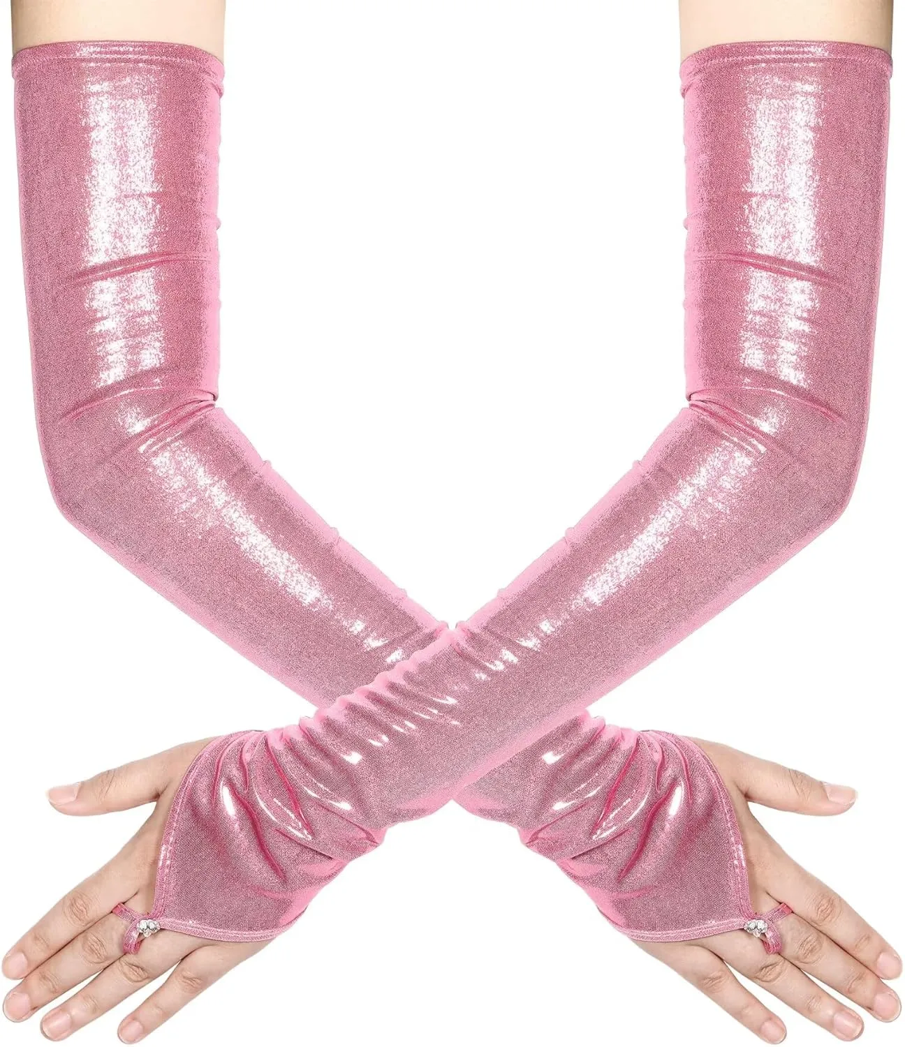 Women's Long Fingerless Metallic Gloves Shiny Long Elastic Metalic Satin Rave Costume Opera Party Gloves