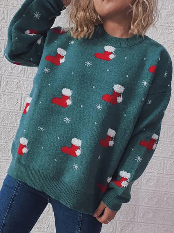 Women's Round Neck Long Sleeve Christmas Sweater Christmas Socks Jacquard Thickened Pullover