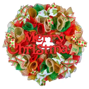 Wreaths for Christmas | Vintage Merry Christmas Red Burlap Emerald Green Front Door Wreath