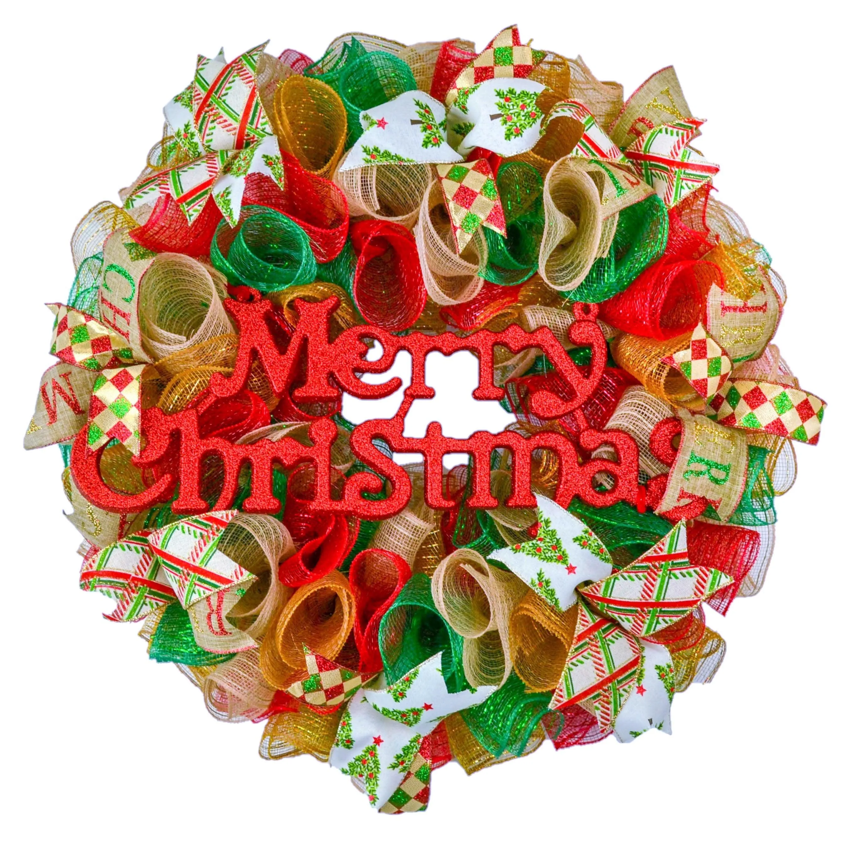 Wreaths for Christmas | Vintage Merry Christmas Red Burlap Emerald Green Front Door Wreath
