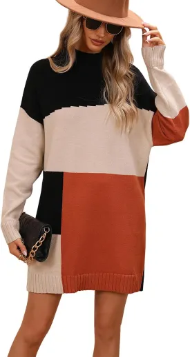yoeasy Women's Color Block Knit Tunic Sweater Dress Crew Neck Long Sleeve Mini Tunic Pullover Sweater