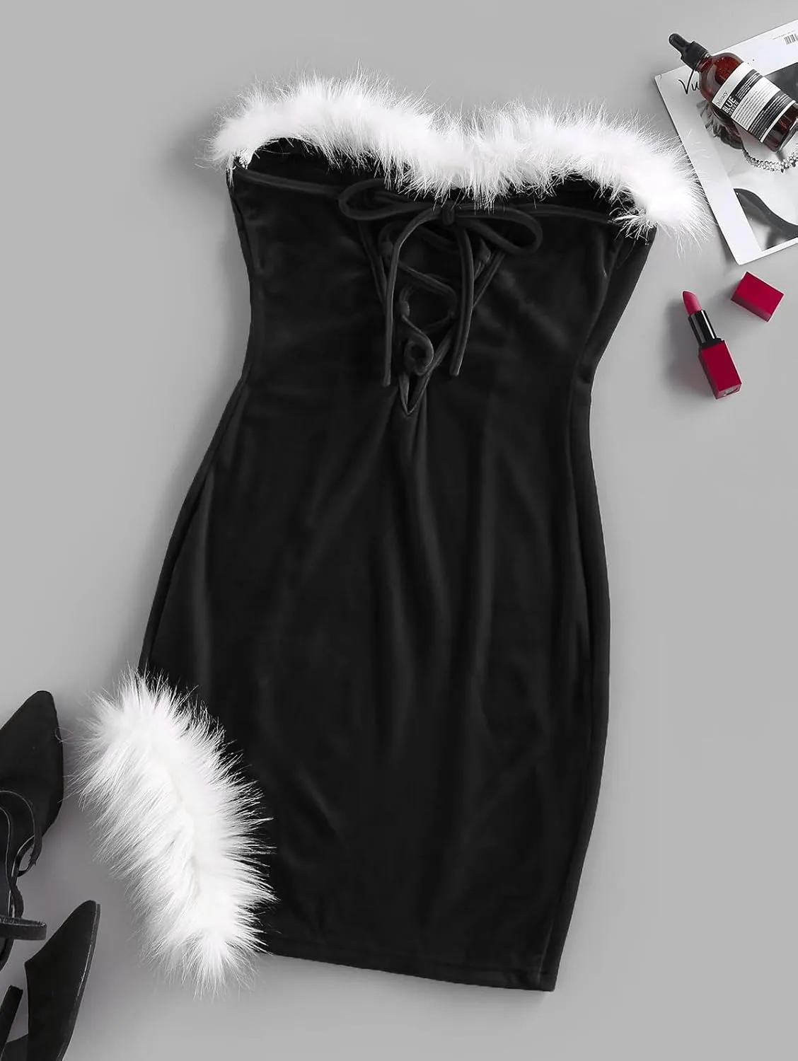 ZAFUL Women's Sexy Off Shoulder Velvet Back Lace Up Vintage Christmas Strapless Party Bodycon Mini Dress