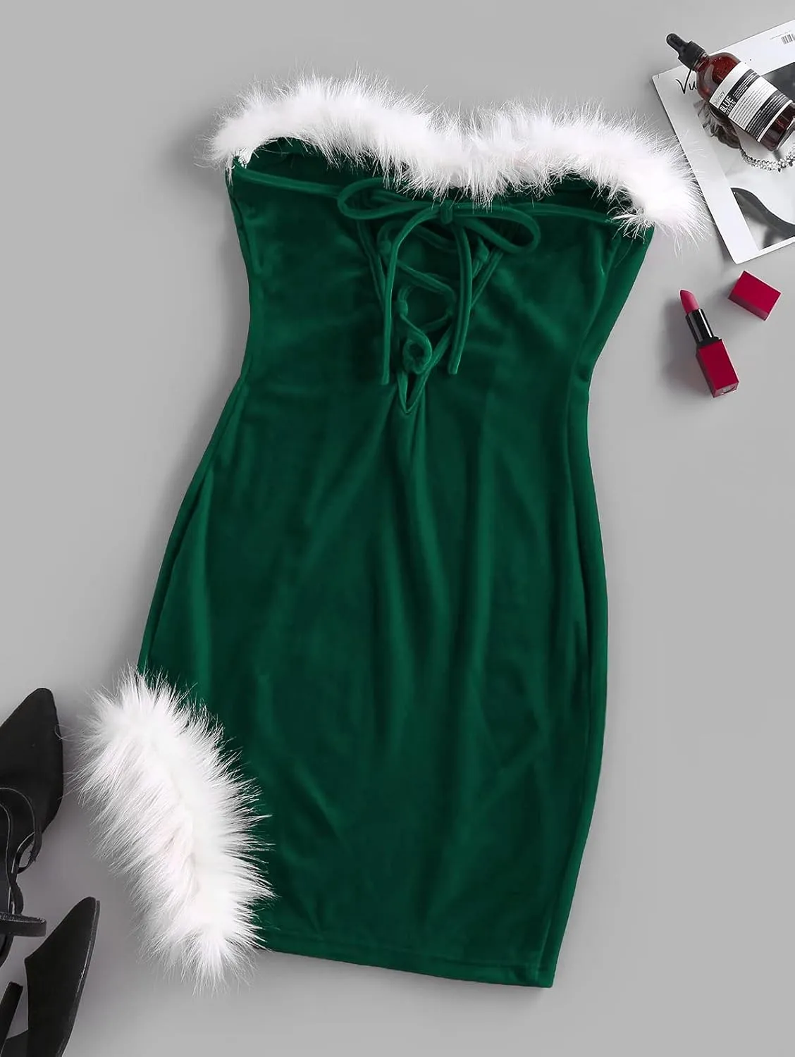 ZAFUL Women's Sexy Off Shoulder Velvet Back Lace Up Vintage Christmas Strapless Party Bodycon Mini Dress